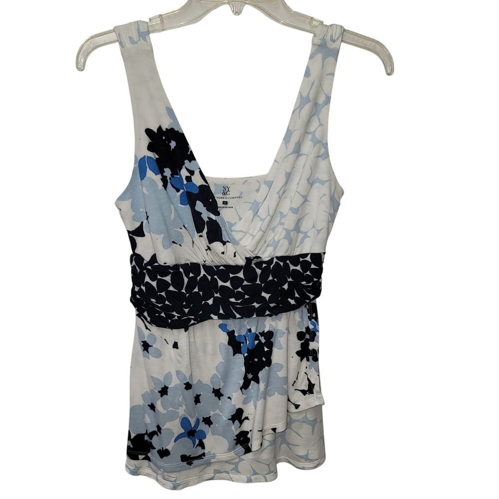 NY & Co Women Blue Floral Sleeveless V‑Neck Blouse Tank Top M Y2K Beachy Boho
